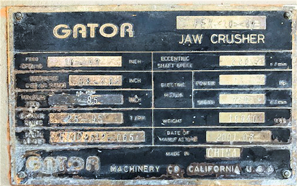 Gator Model Pex1047 Jaw Crusher)